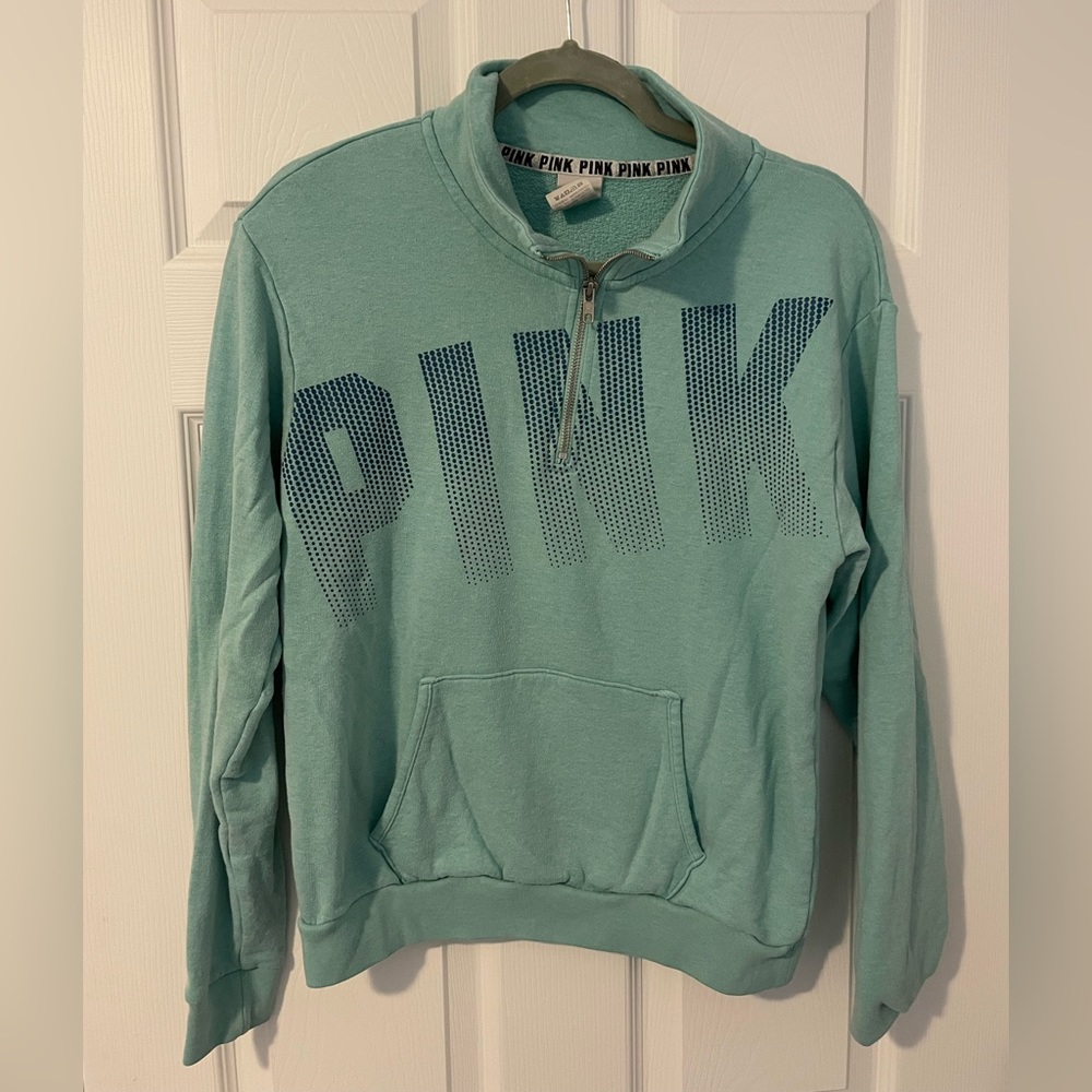Victoria Secret PINK Sweatshirt Size Small 1/4 Zip Mint Green Blue Letters